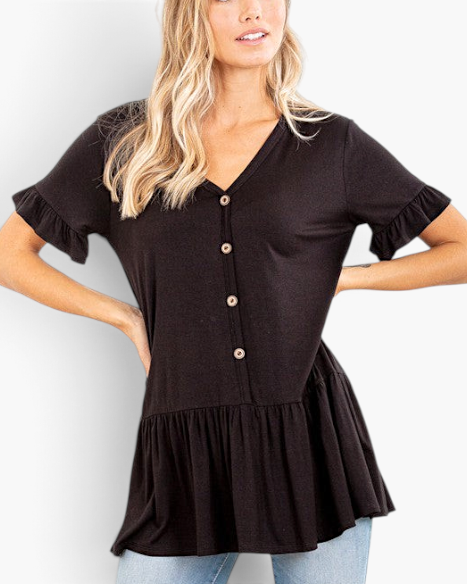 Beach Rose Co. black V-neck peplum top with button front and ruffle sleeve cuffs worn by a blonde model
