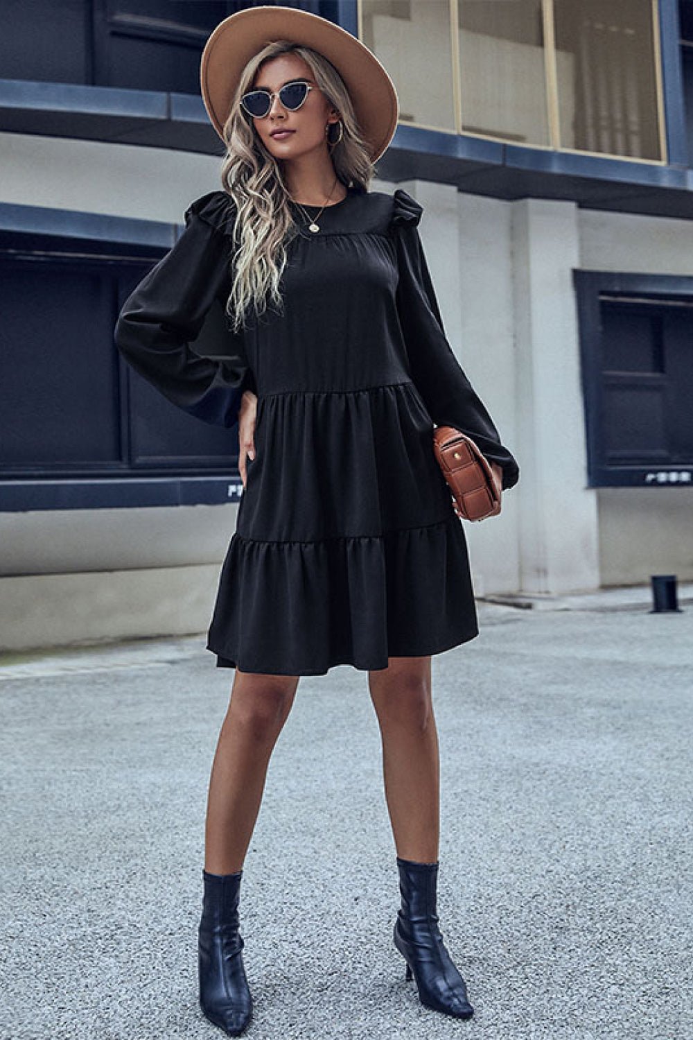 Beach Rose Co. - Black Ruffled Shoulder Knee - Length Dress