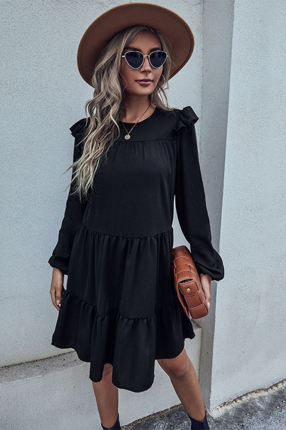 Beach Rose Co. - Black Ruffled Shoulder Knee - Length Dress