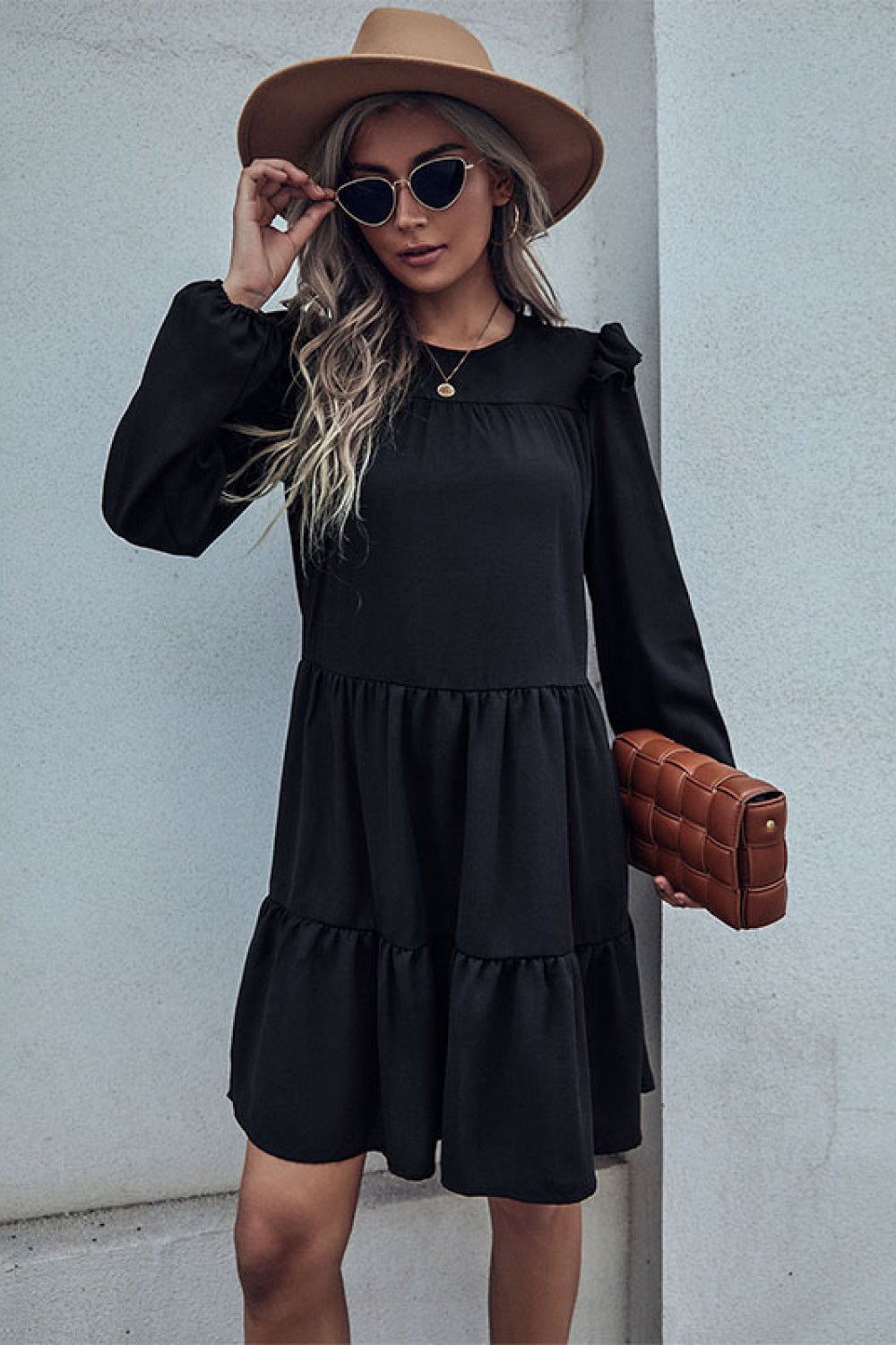 Beach Rose Co. - Black Ruffled Shoulder Knee - Length Dress