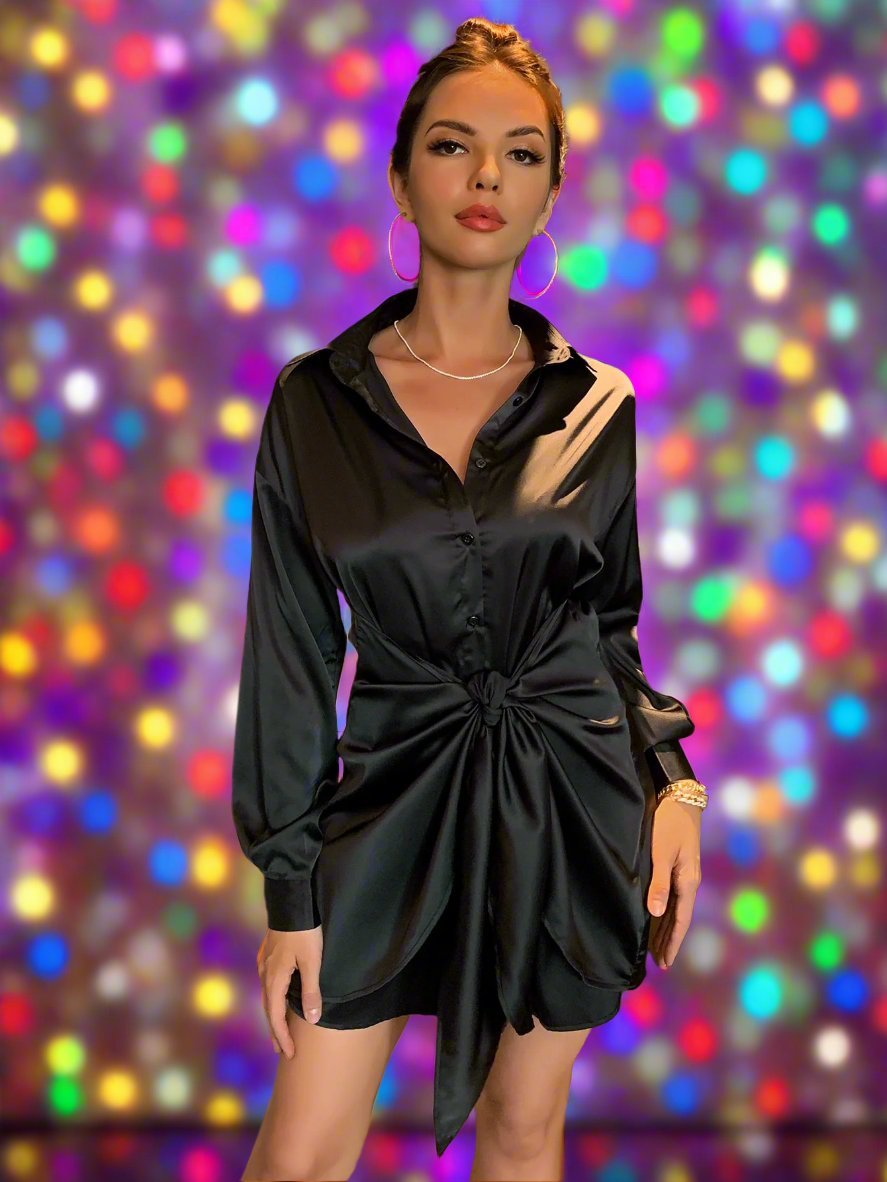 Beach Rose Co. - Black Satin Tie Front Mini Shirt Dress