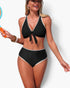 Beach Rose Co. black high-waisted bikini set with tie-front top, scalloped trim, and white contrast piping on a model