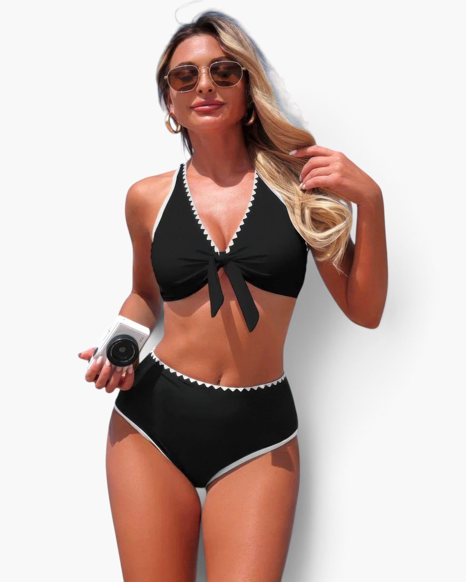 Beach Rose Co. black high-waisted bikini with white contrast scalloped trim, tie-front top, and crisscross straps.
