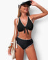 Beach Rose Co. black high-waisted bikini with white scalloped trim, tie-front top, and matching baseball cap