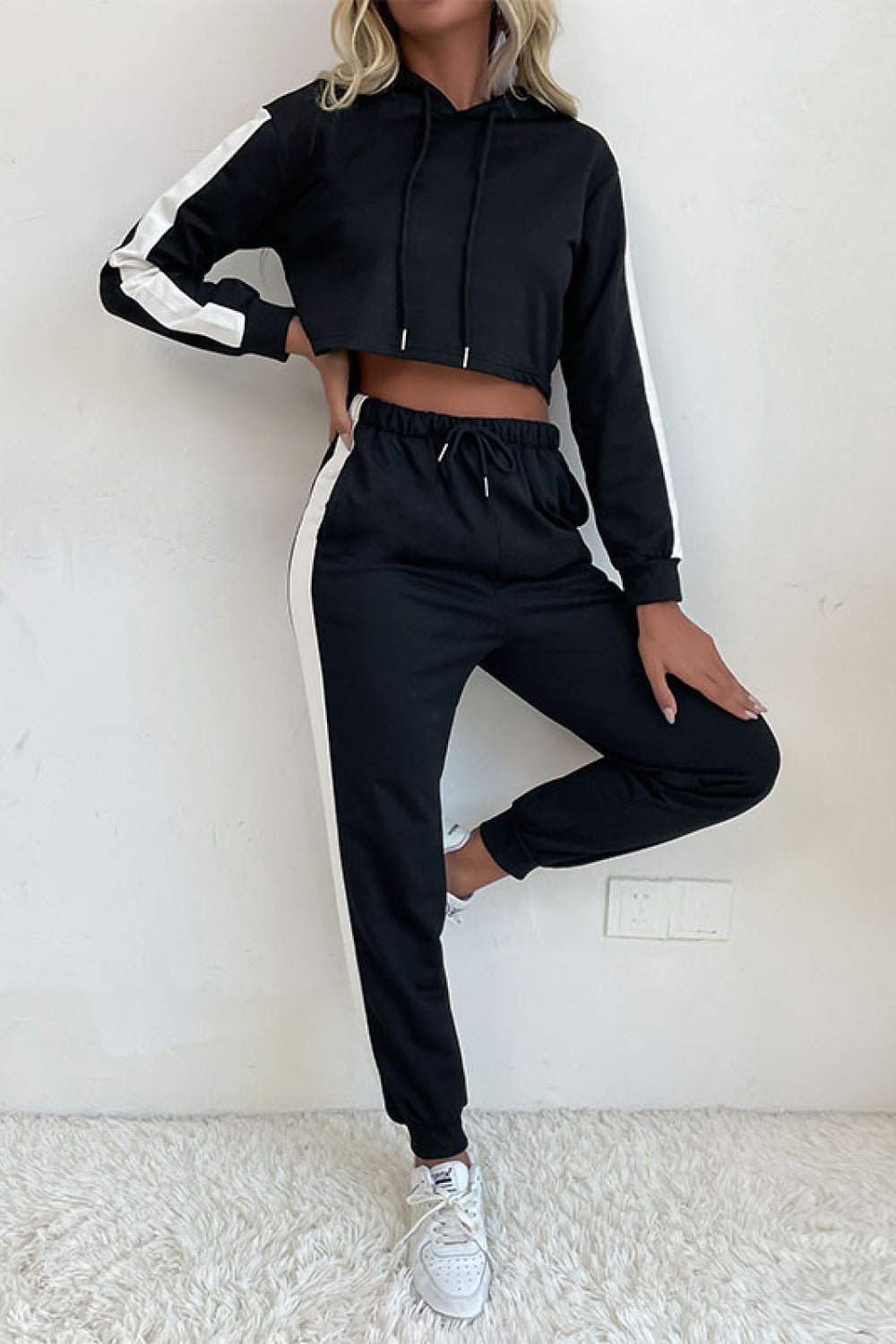 Beach Rose Co. - Black Side Stripe Cropped Hoodie and Jogger Set