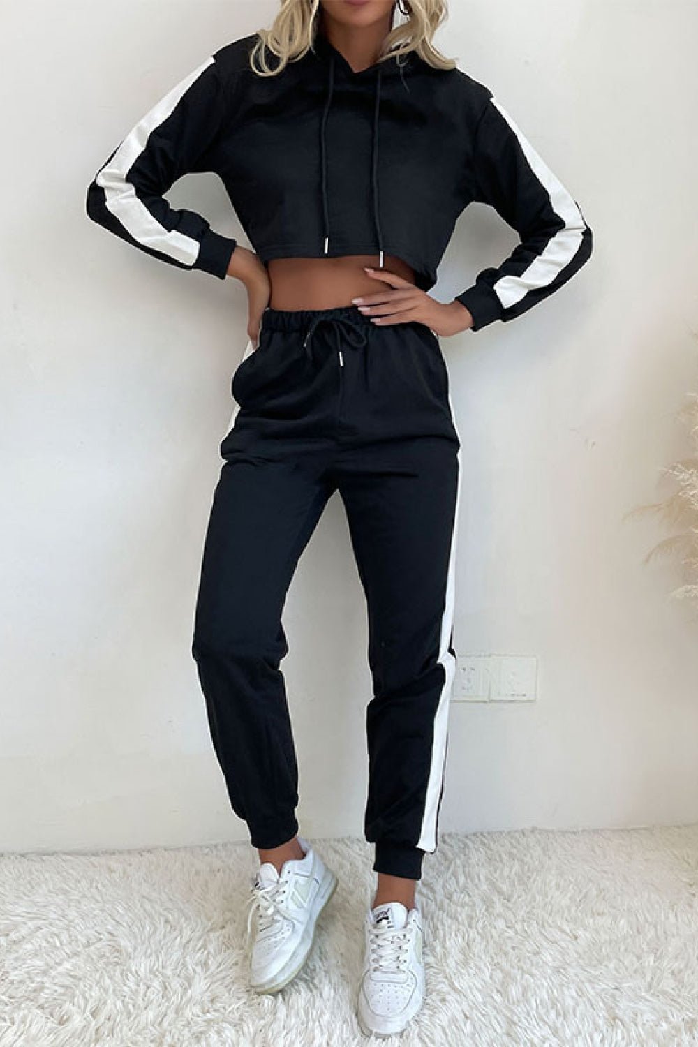 Beach Rose Co. - Black Side Stripe Cropped Hoodie and Jogger Set