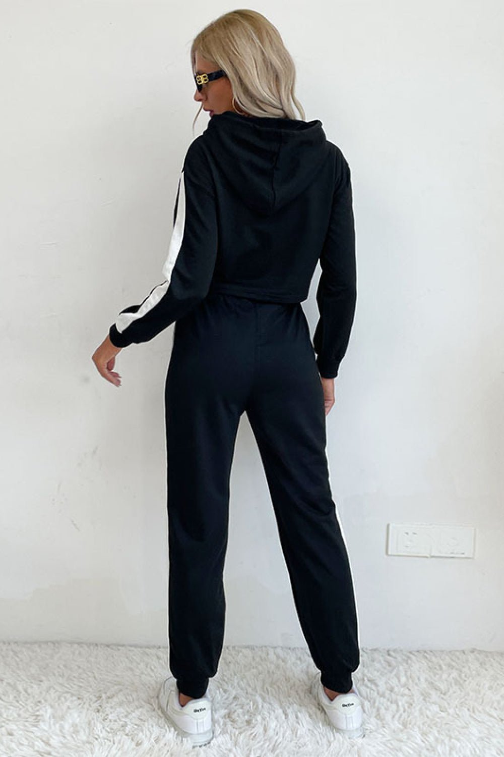 Beach Rose Co. - Black Side Stripe Cropped Hoodie and Jogger Set