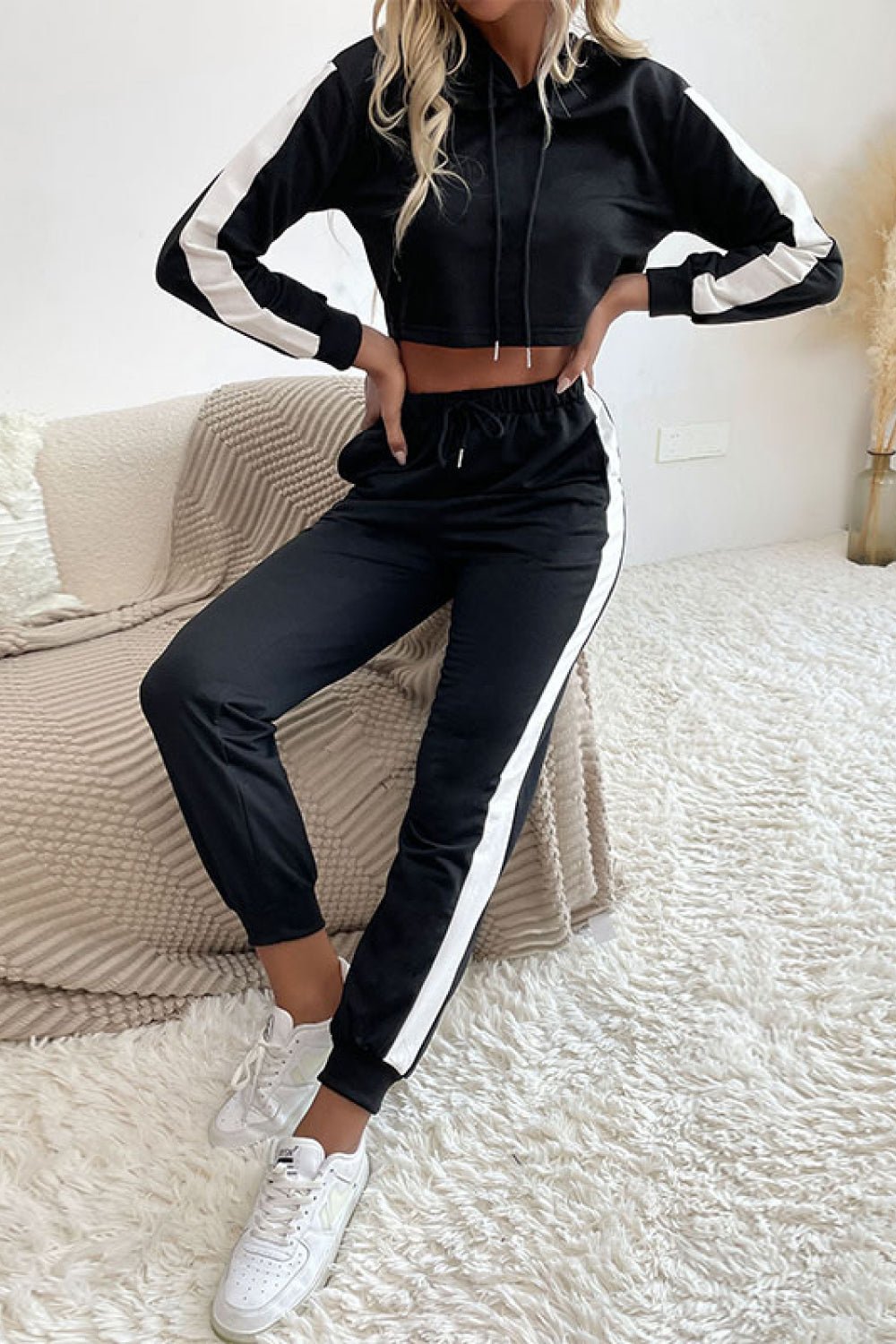 Beach Rose Co. - Black Side Stripe Cropped Hoodie and Jogger Set