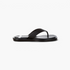 Beach Rose Co. black faux leather thong sandals with an open square toe and flat cushioned sole in side profile.
