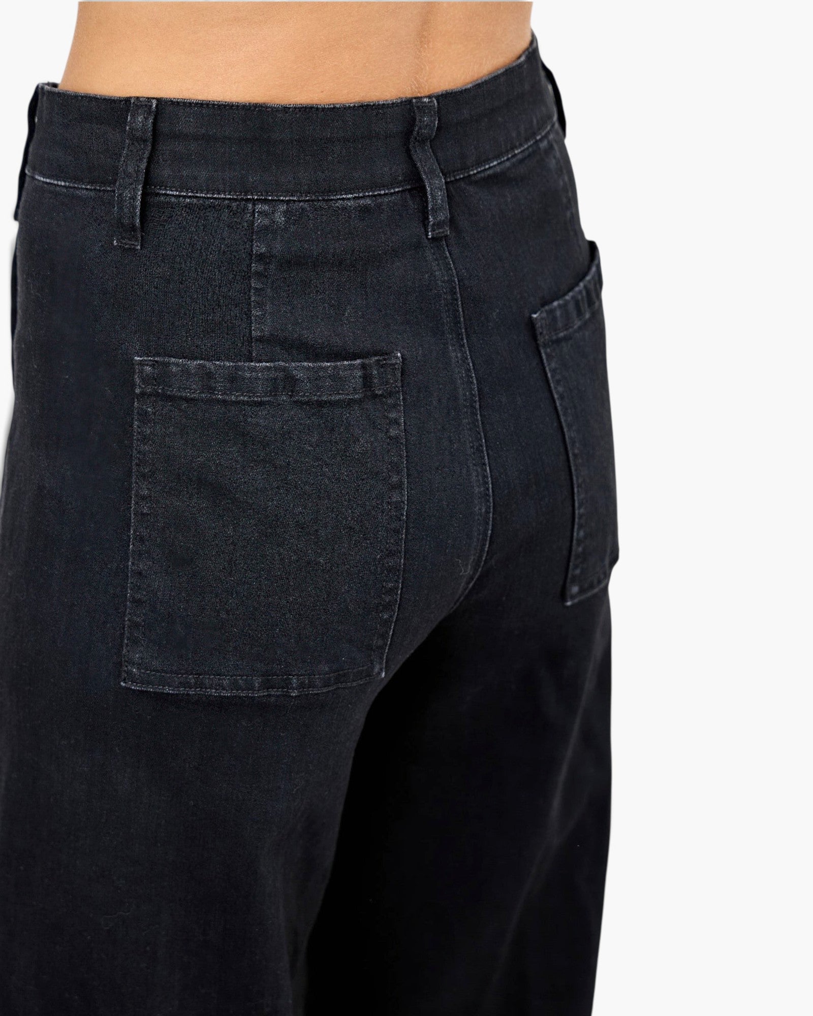 Beach Rose Co. black high-rise straight-leg jeans featuring back pockets and a structured cotton stretch blend fabric.