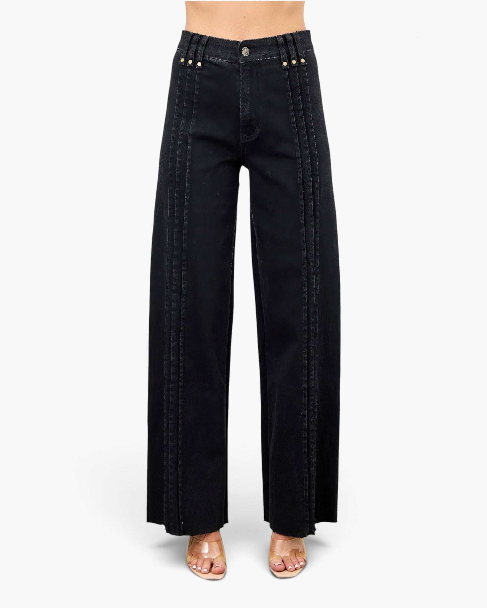 Beach Rose Co. black high-rise straight-leg jeans featuring vertical front pleat detailing and a raw hem finish.