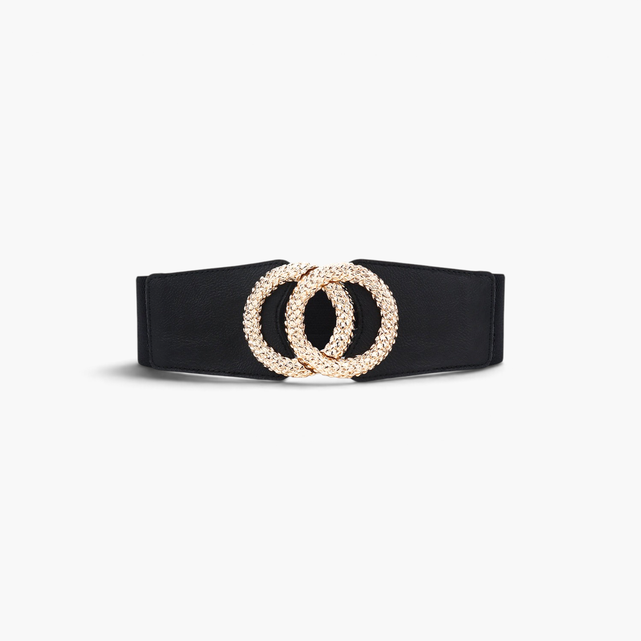 Beach Rose Co. black stretch waist belt with a textured gold-tone double circle buckle and PU front panel.