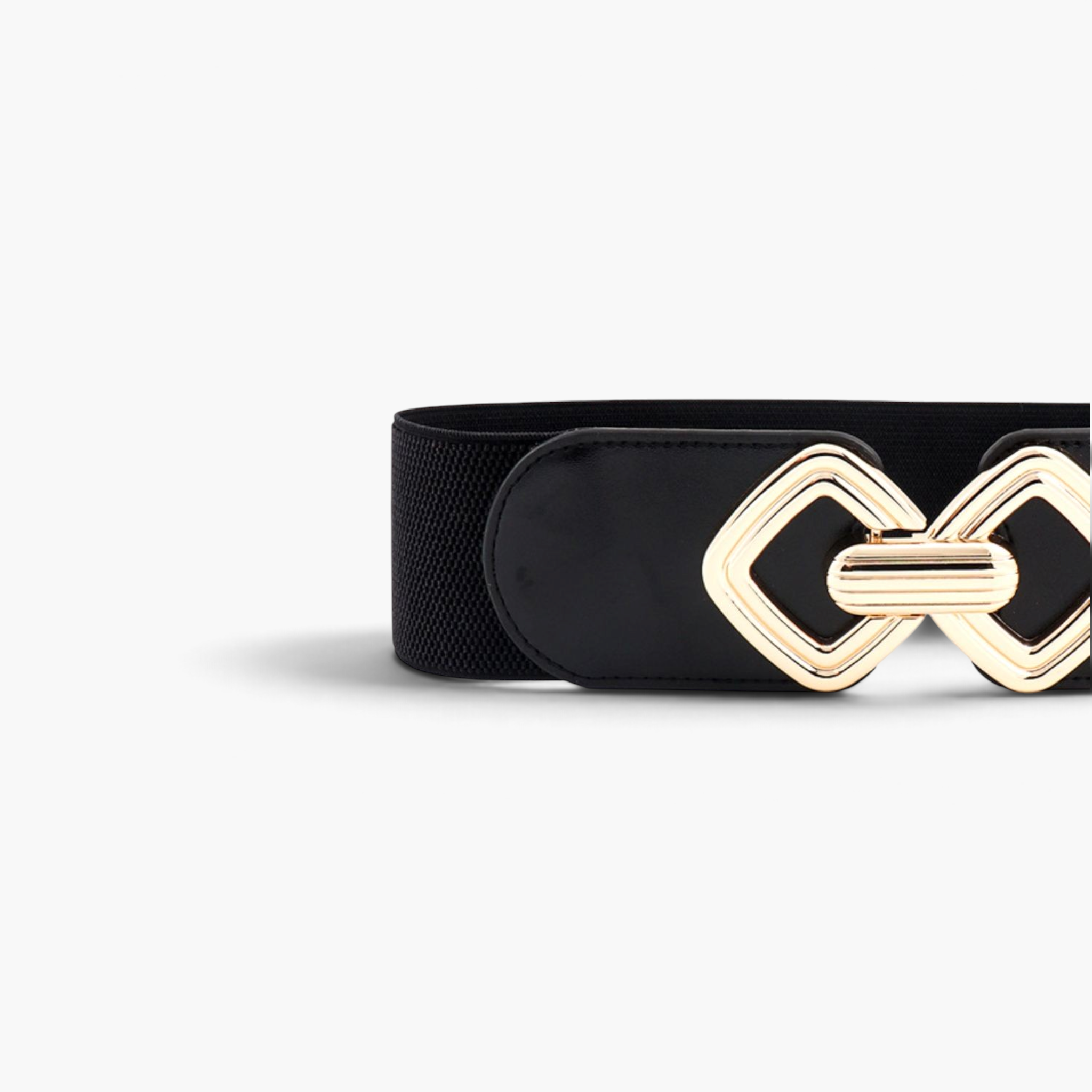 Beach Rose Co. black stretch waist belt featuring a gold geometric alloy buckle with double diamond-shaped outlines.