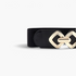 Beach Rose Co. black stretch waist belt featuring a gold geometric alloy buckle with double diamond-shaped outlines.