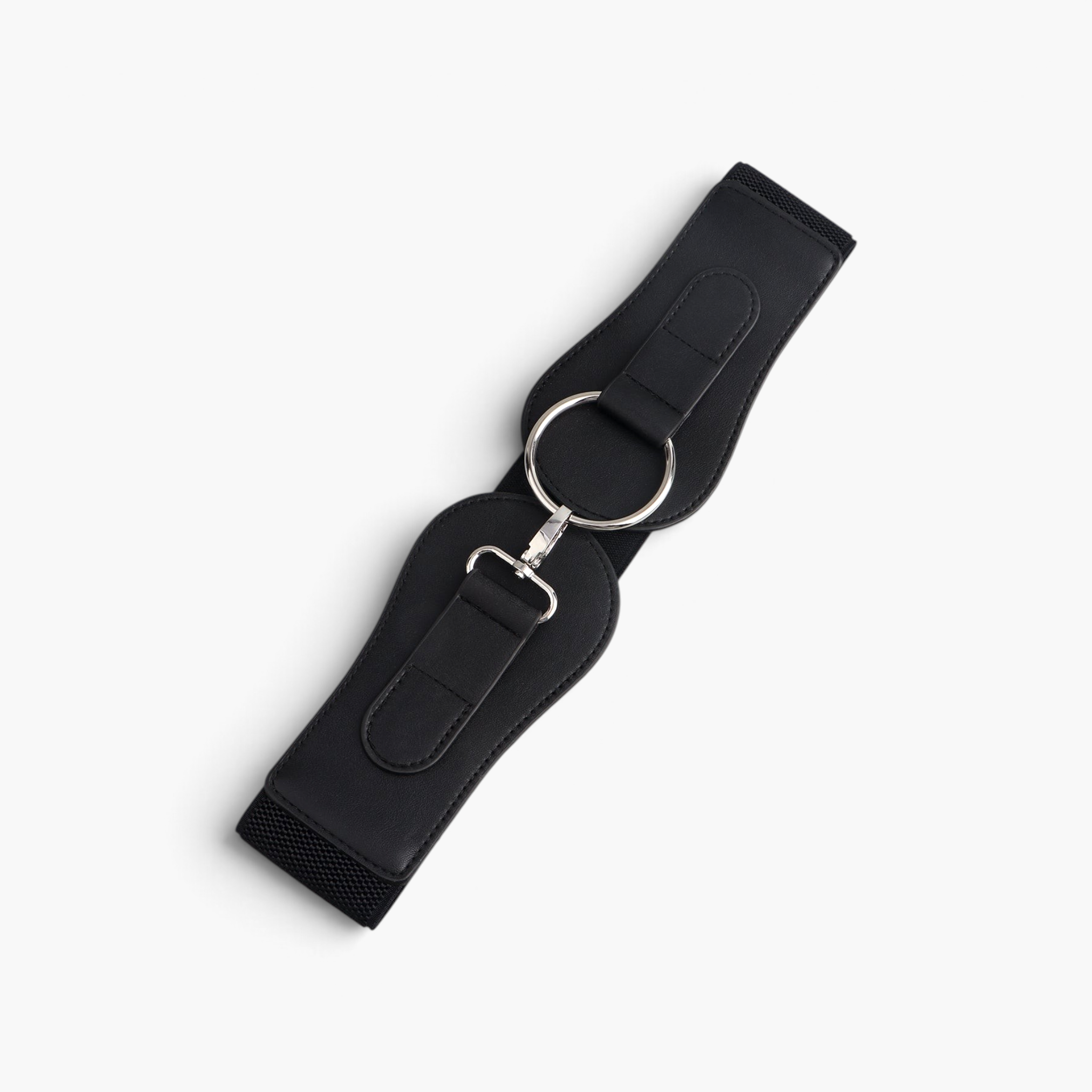 Beach Rose Co. black wide waist belt with contoured PU panels, elastic back, and a silver-tone ring lobster clasp.