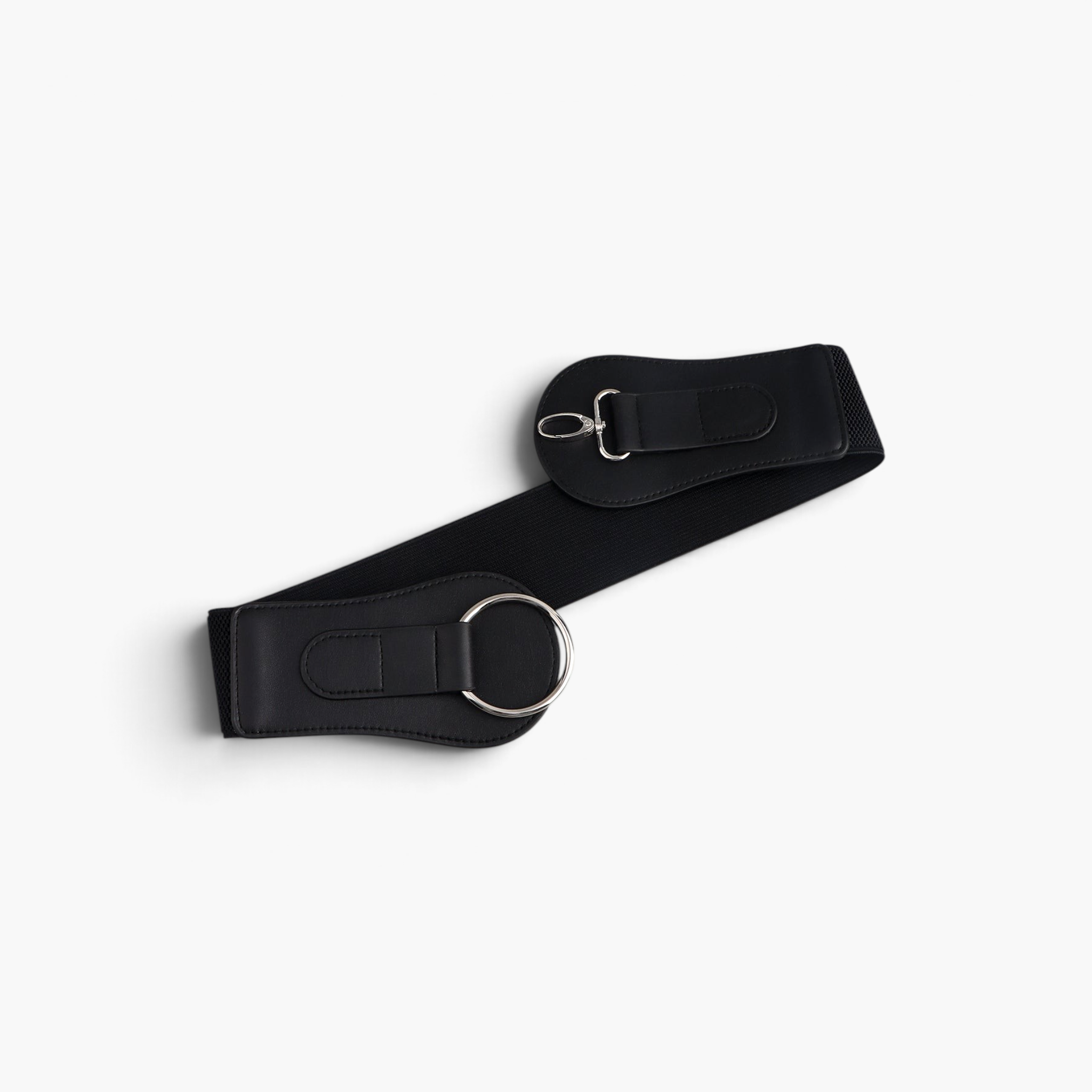 Beach Rose Co. black wide waist belt with a silver ring buckle, lobster clasp, and elastic stretch band.
