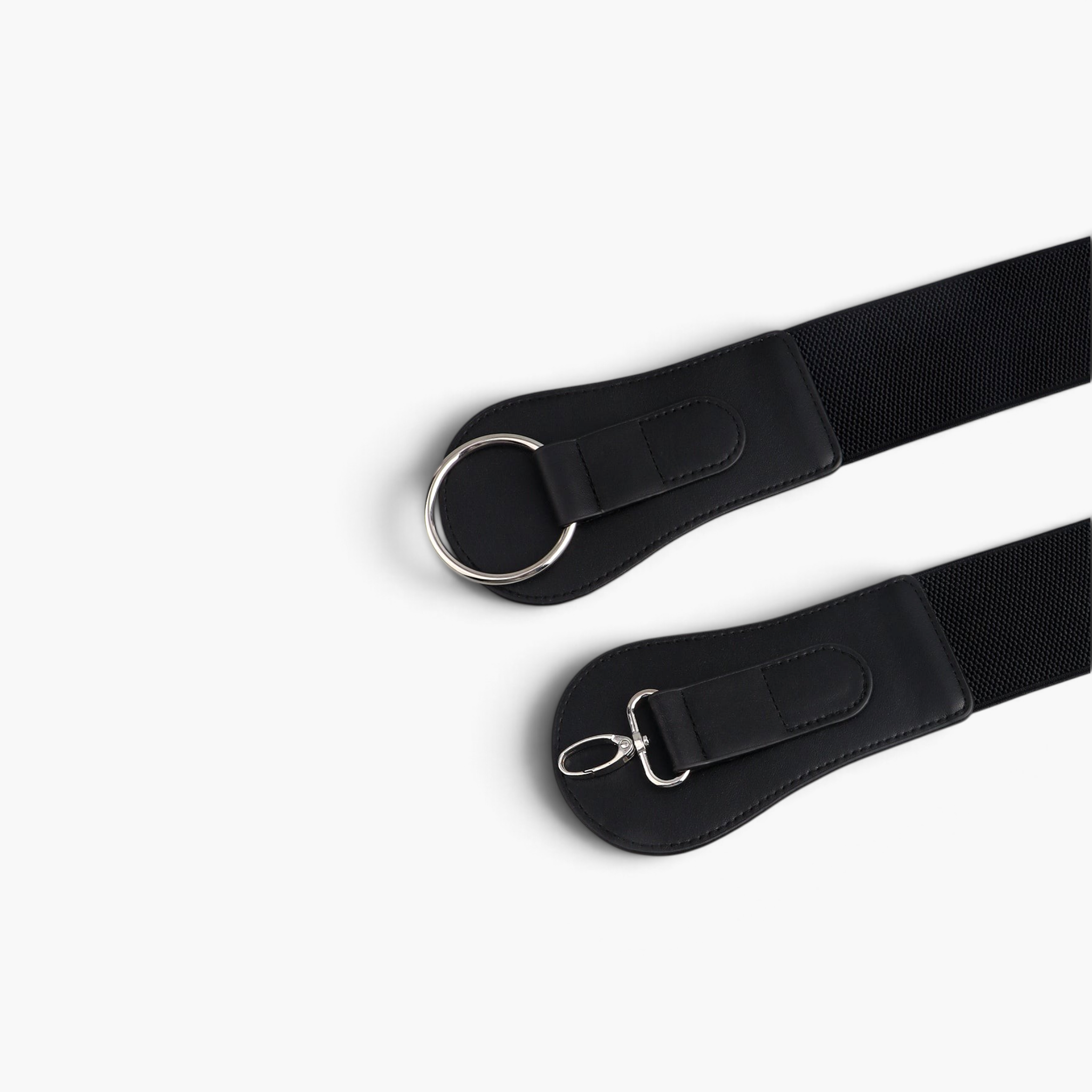 Beach Rose Co. black wide stretch waist belt with PU panels, silver-tone ring buckle, and lobster clasp closure.