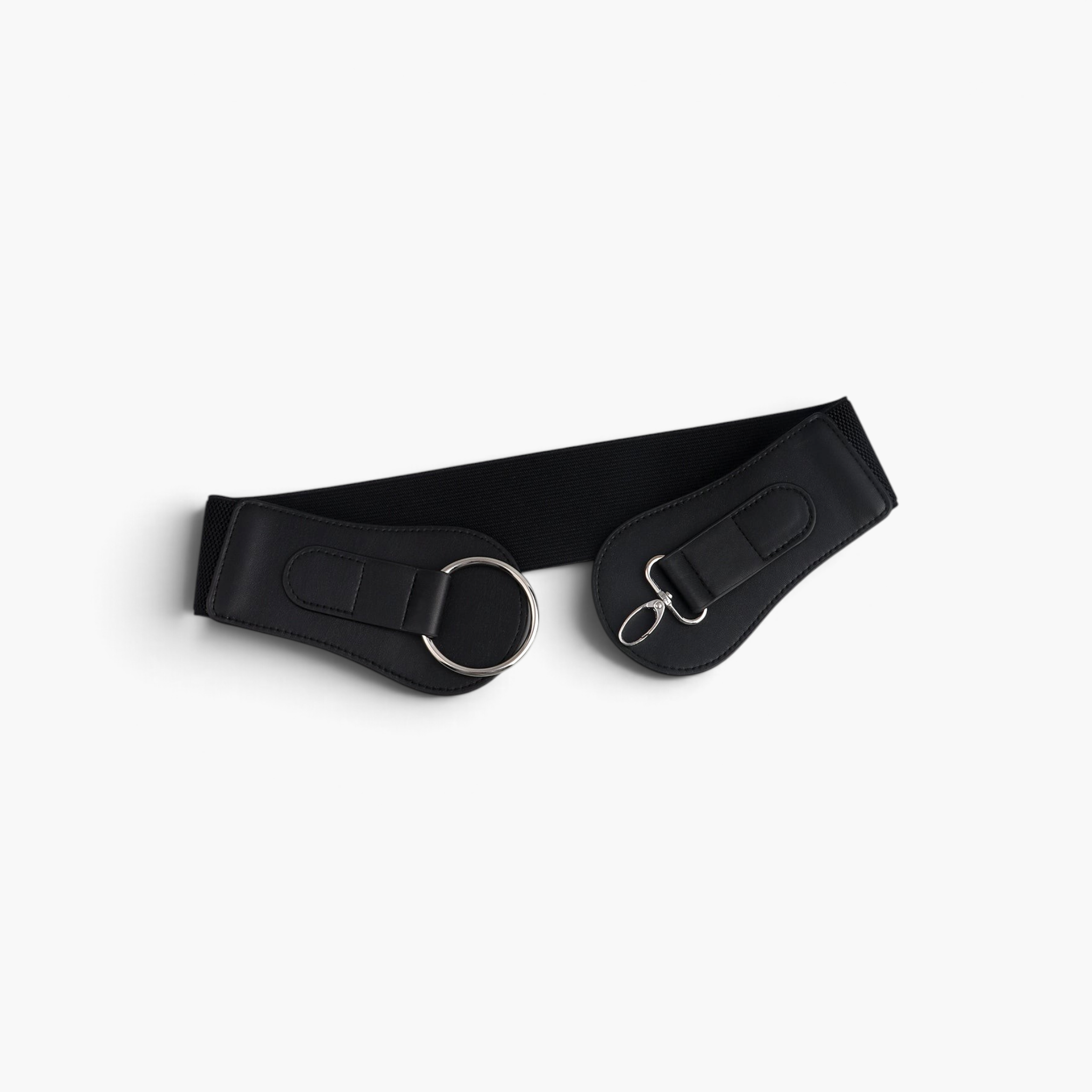 Beach Rose Co. black wide stretch waist belt with contoured PU panels and a silver-tone ring buckle and lobster clasp.