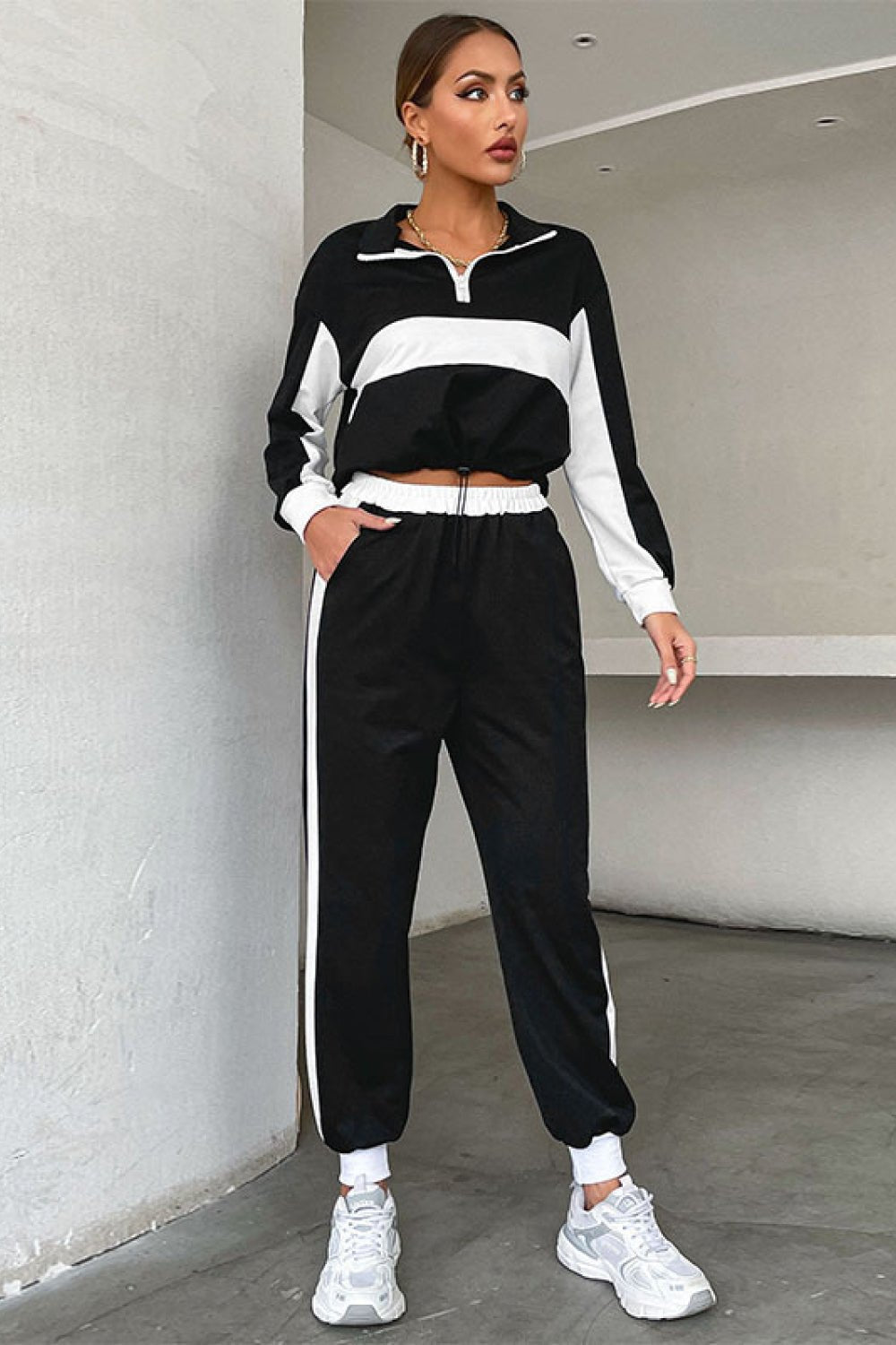 Beach Rose Co. - Black Striped Half Zip Cropped Sweatshirt and Joggers Set