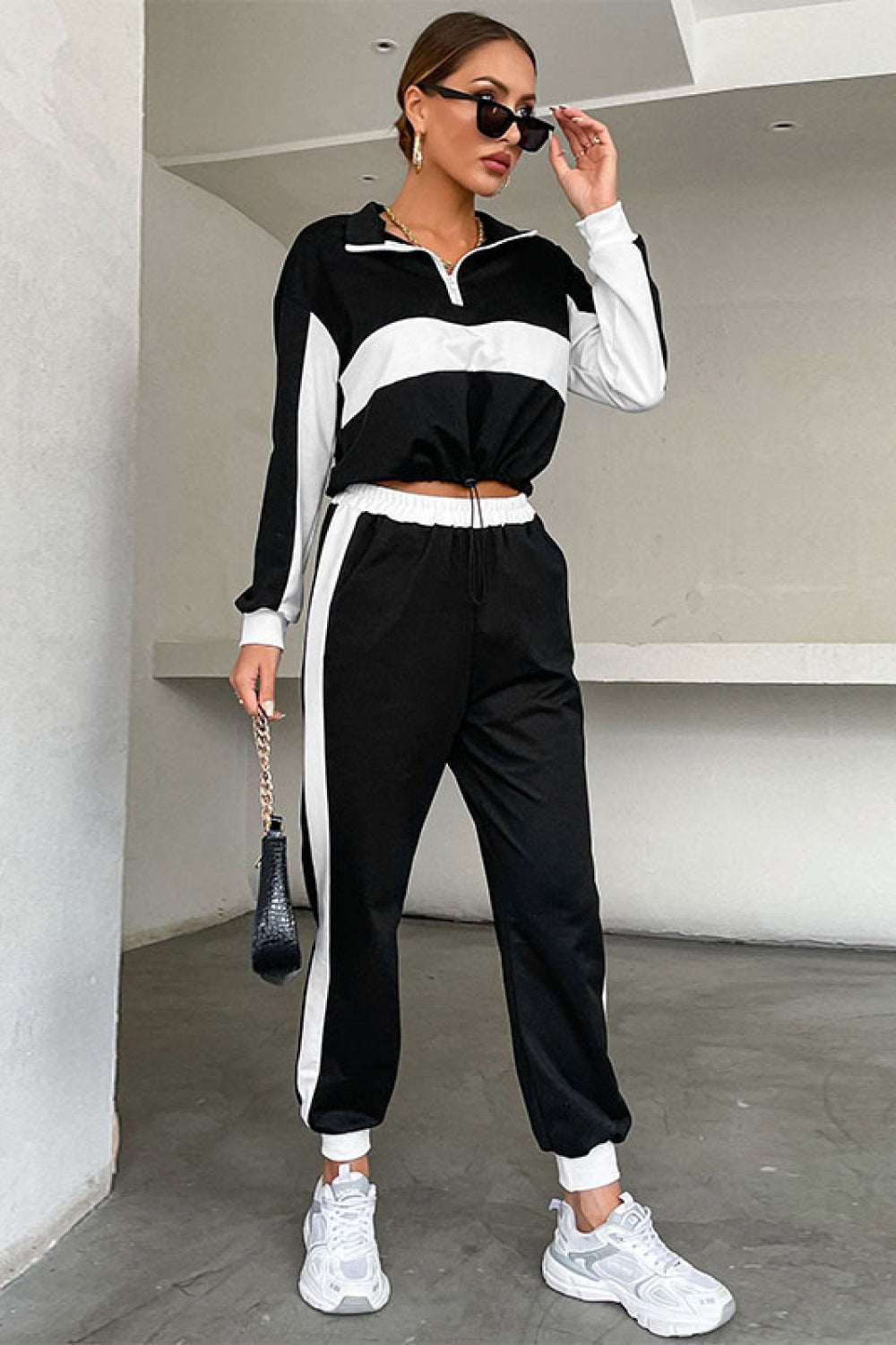 Beach Rose Co. - Black Striped Half Zip Cropped Sweatshirt and Joggers Set