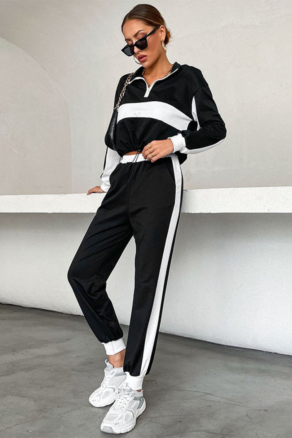 Beach Rose Co. - Black Striped Half Zip Cropped Sweatshirt and Joggers Set