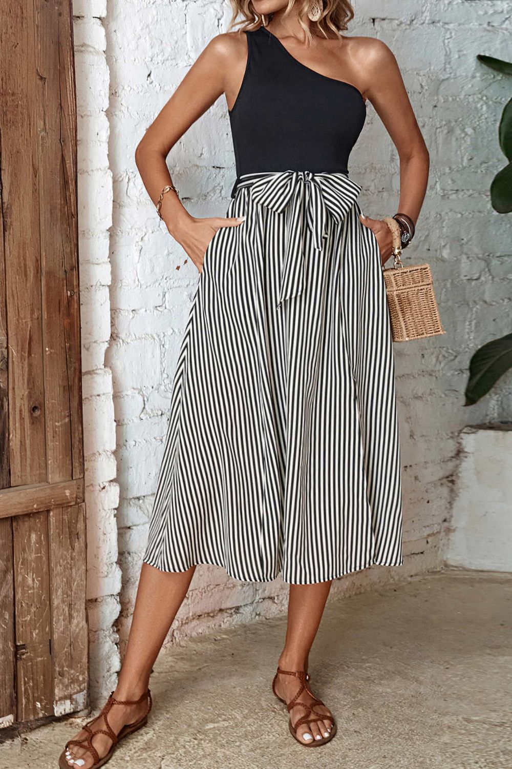 Beach Rose Co. - Black Striped One - Shoulder Midi Dress