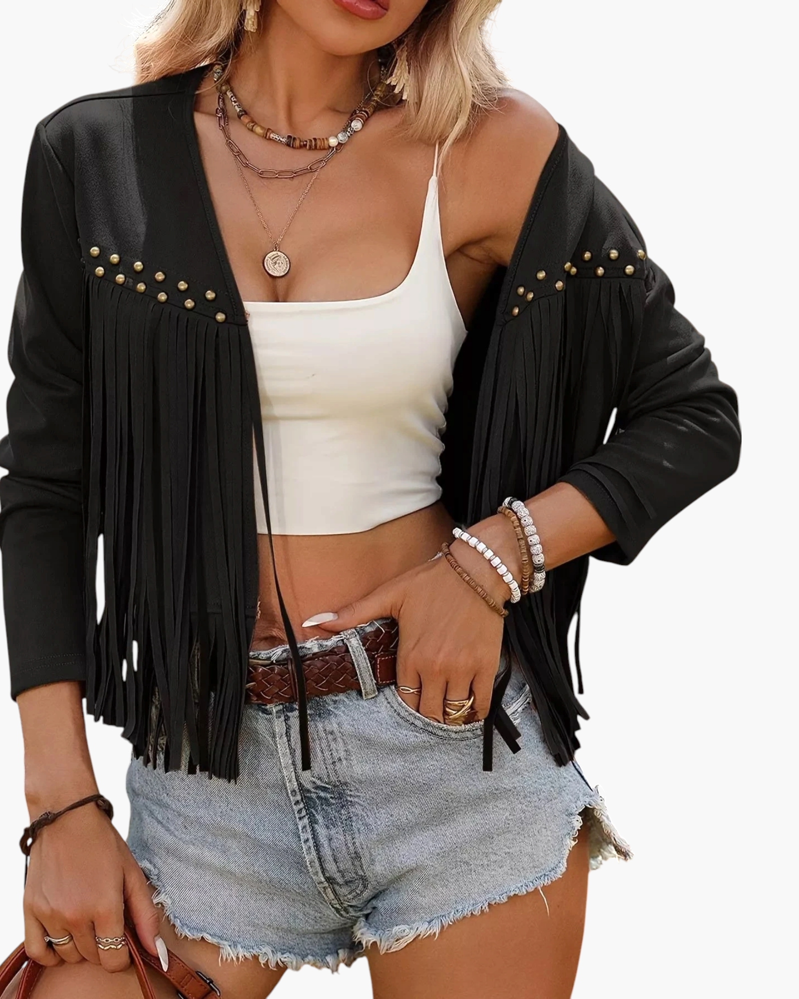 Beach Rose Co. black faux suede cropped jacket with long fringe and gold stud detailing on the front.