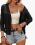 Beach Rose Co. black faux suede cropped jacket with long fringe and gold stud detailing on the front.