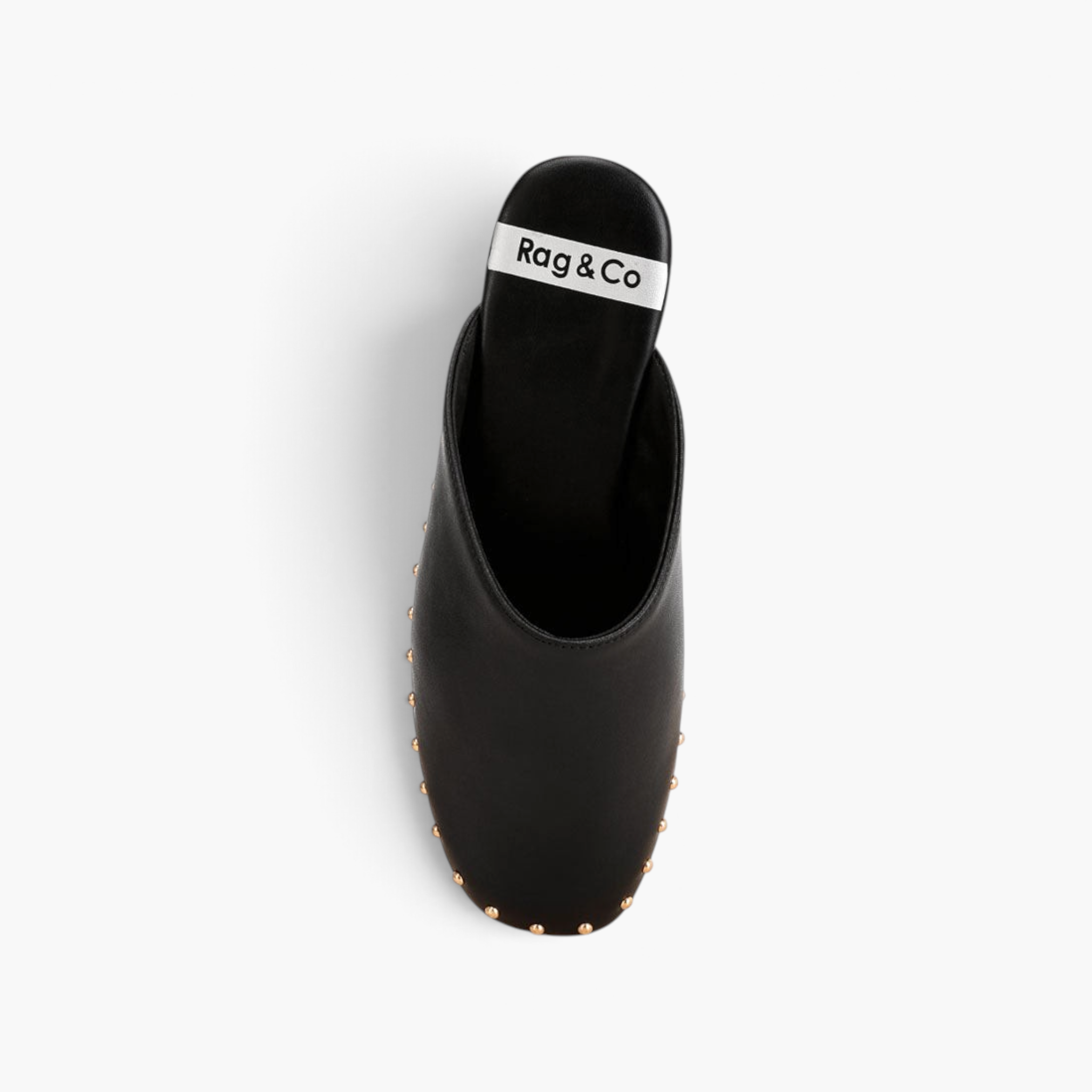 Beach Rose Co. black backless flat mules with a closed round toe and gold studded trim detail