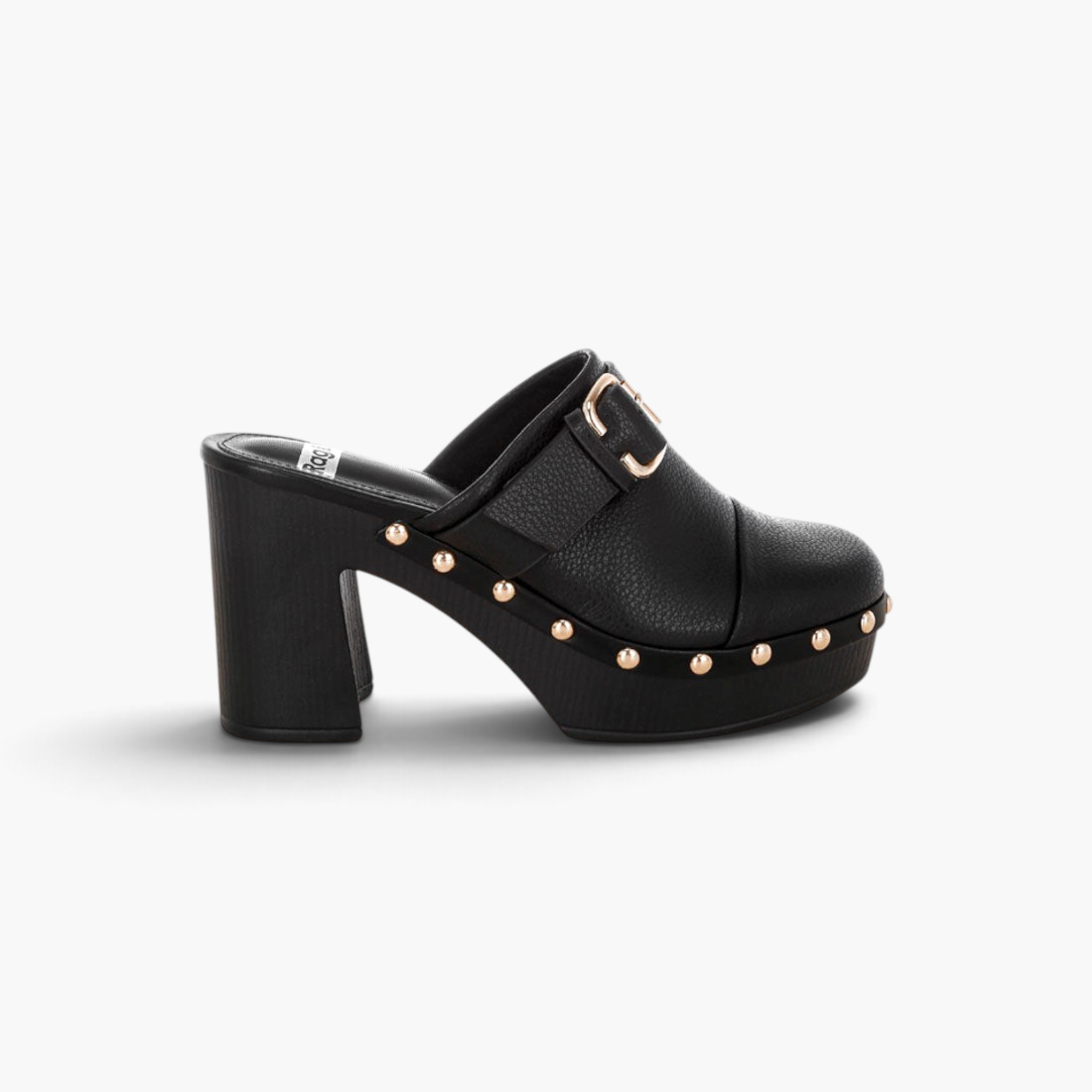 Beach Rose Co. black leather platform clogs with gold studs, buckle detail, and a chunky 3.5-inch block heel.
