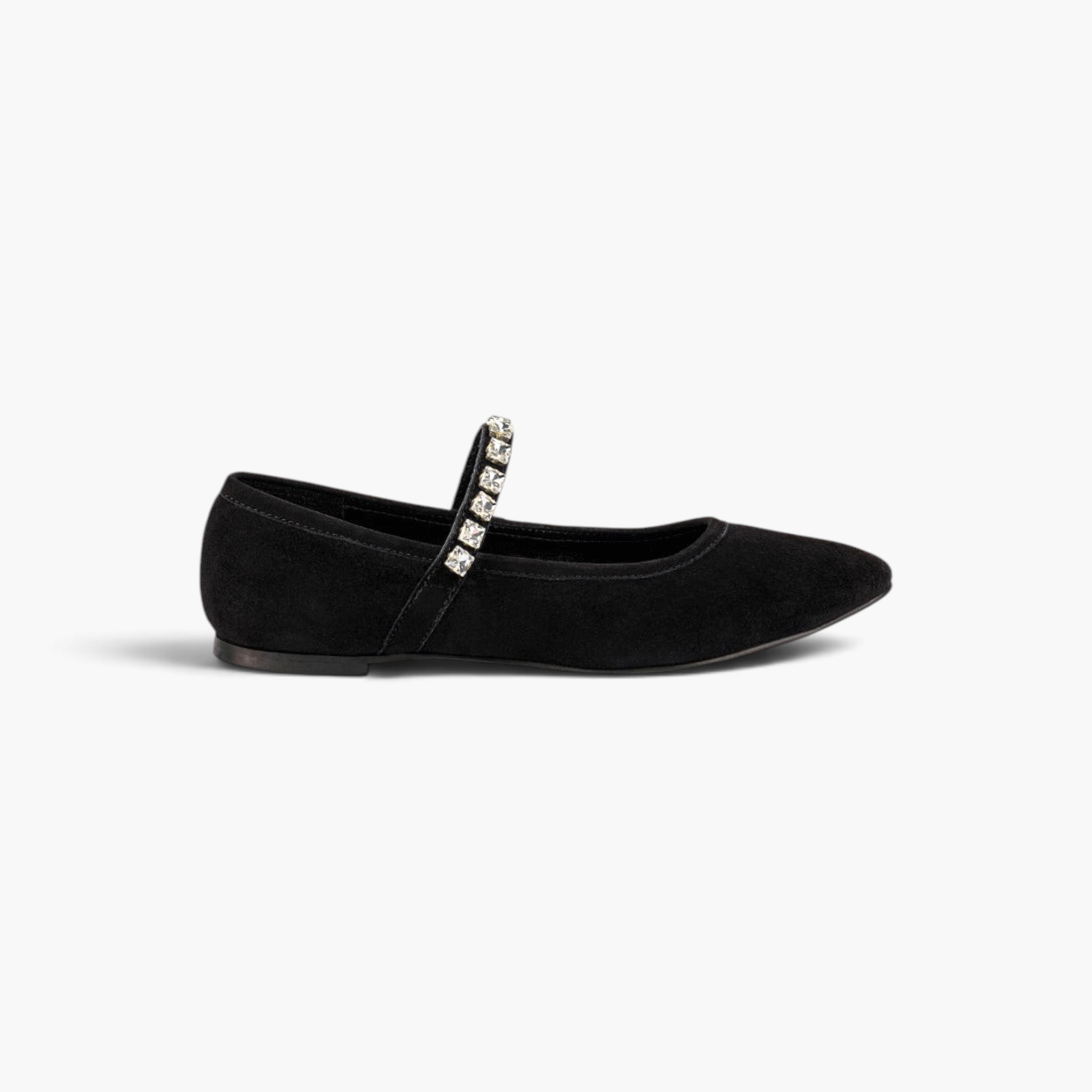 Beach Rose Co. black suede Mary Jane flats with a pointed toe and a sparkling diamante-studded midfoot strap.