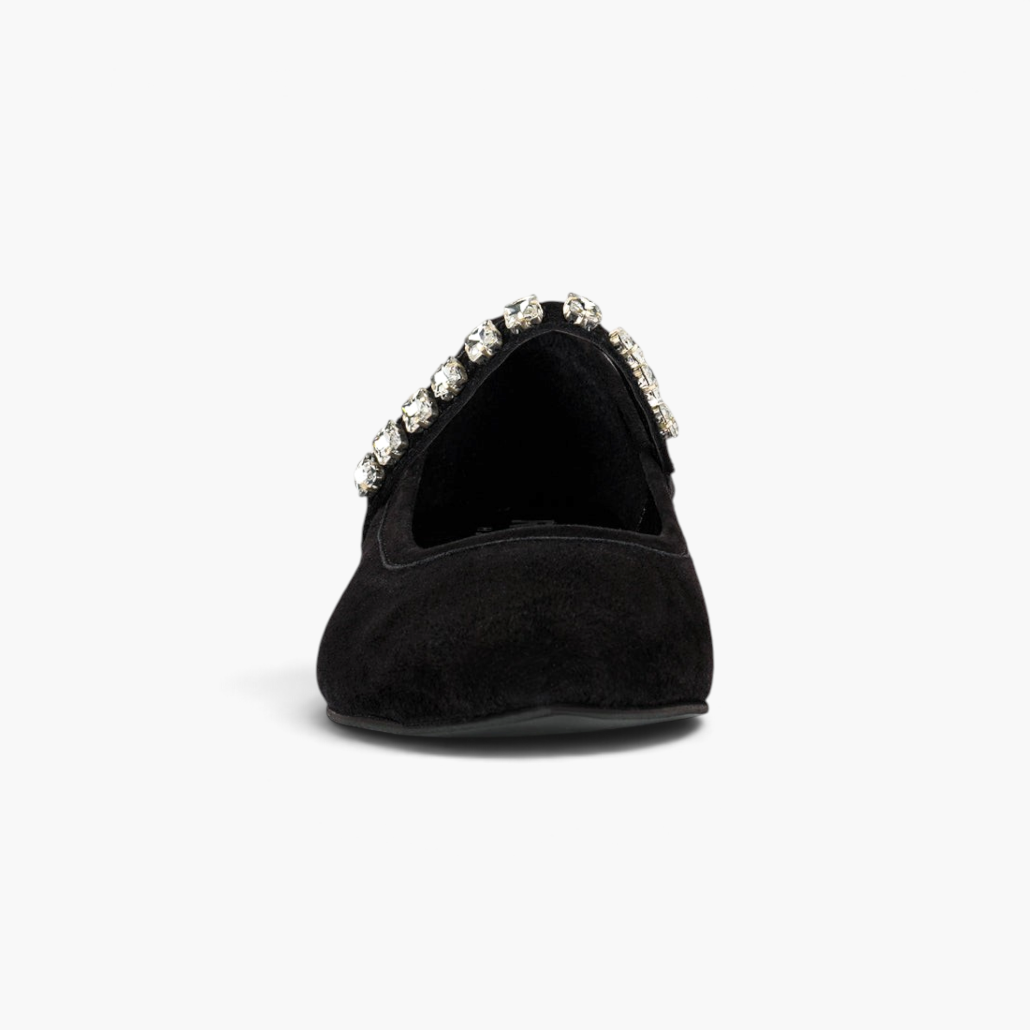 Beach Rose Co. black suede Mary Jane flats featuring a pointed toe and a sparkling diamante-studded strap.