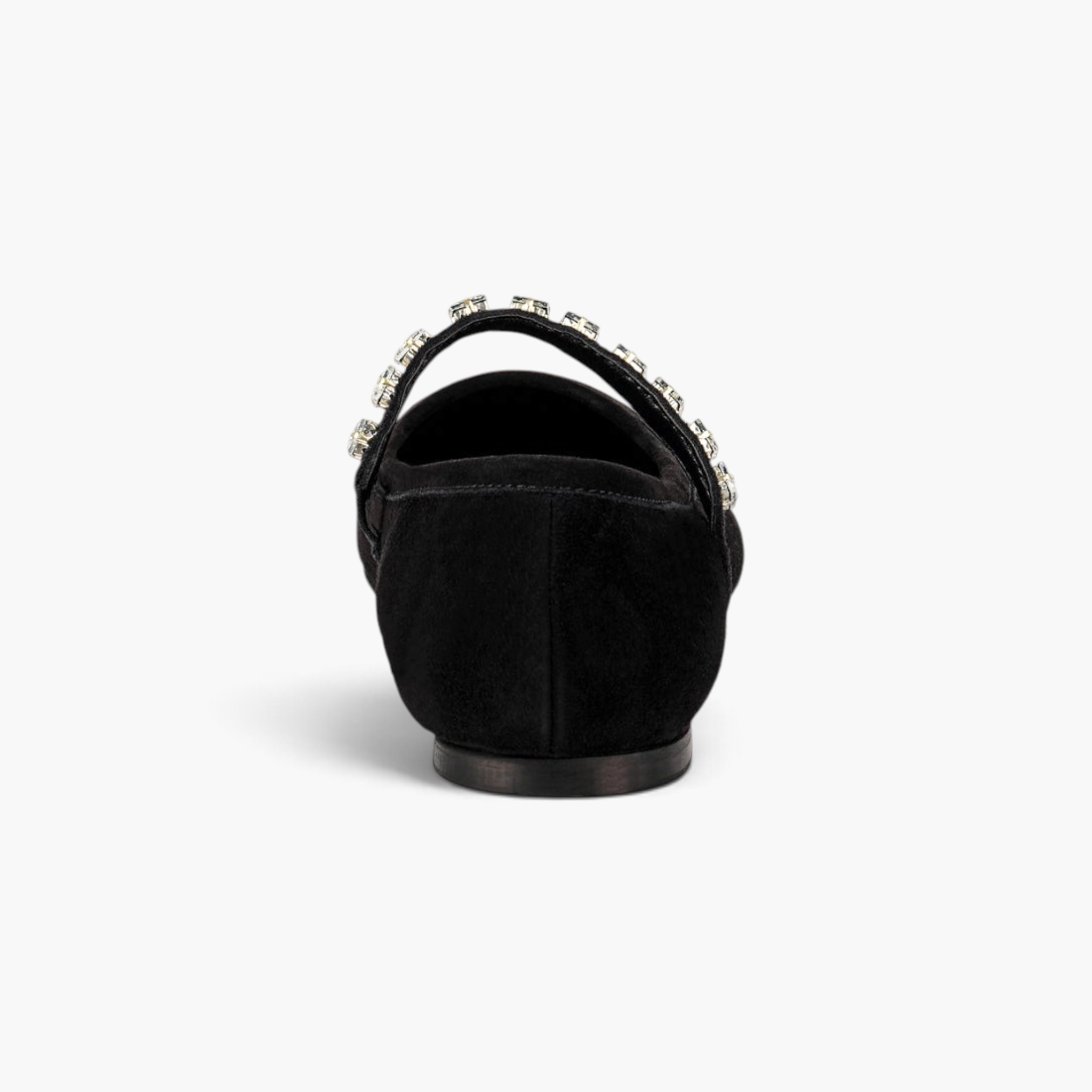 Beach Rose Co. black suede Mary Jane flats featuring a diamante-studded strap viewed from the back