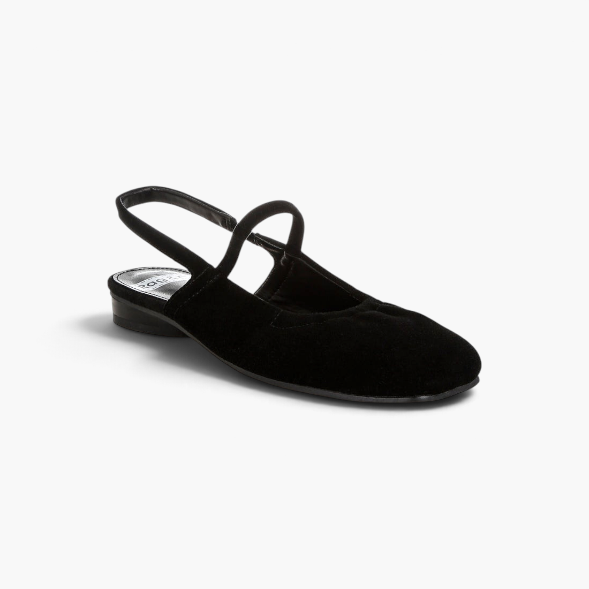 Beach Rose Co. black suede Mary Jane flats with a square toe, midfoot strap, and open slingback design.