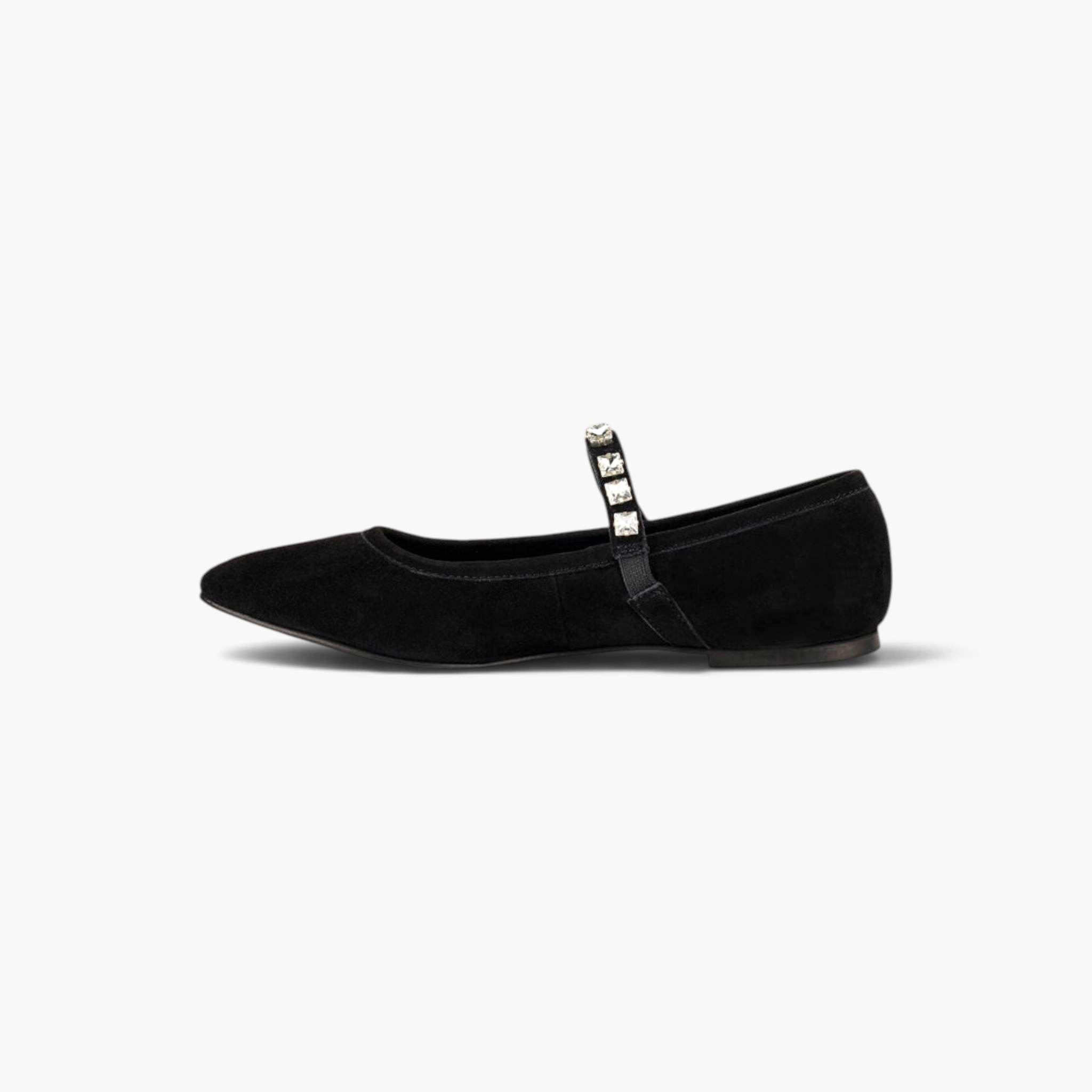 Beach Rose Co. black suede Mary Jane flats with a pointed toe and a diamante-studded strap on a white background.