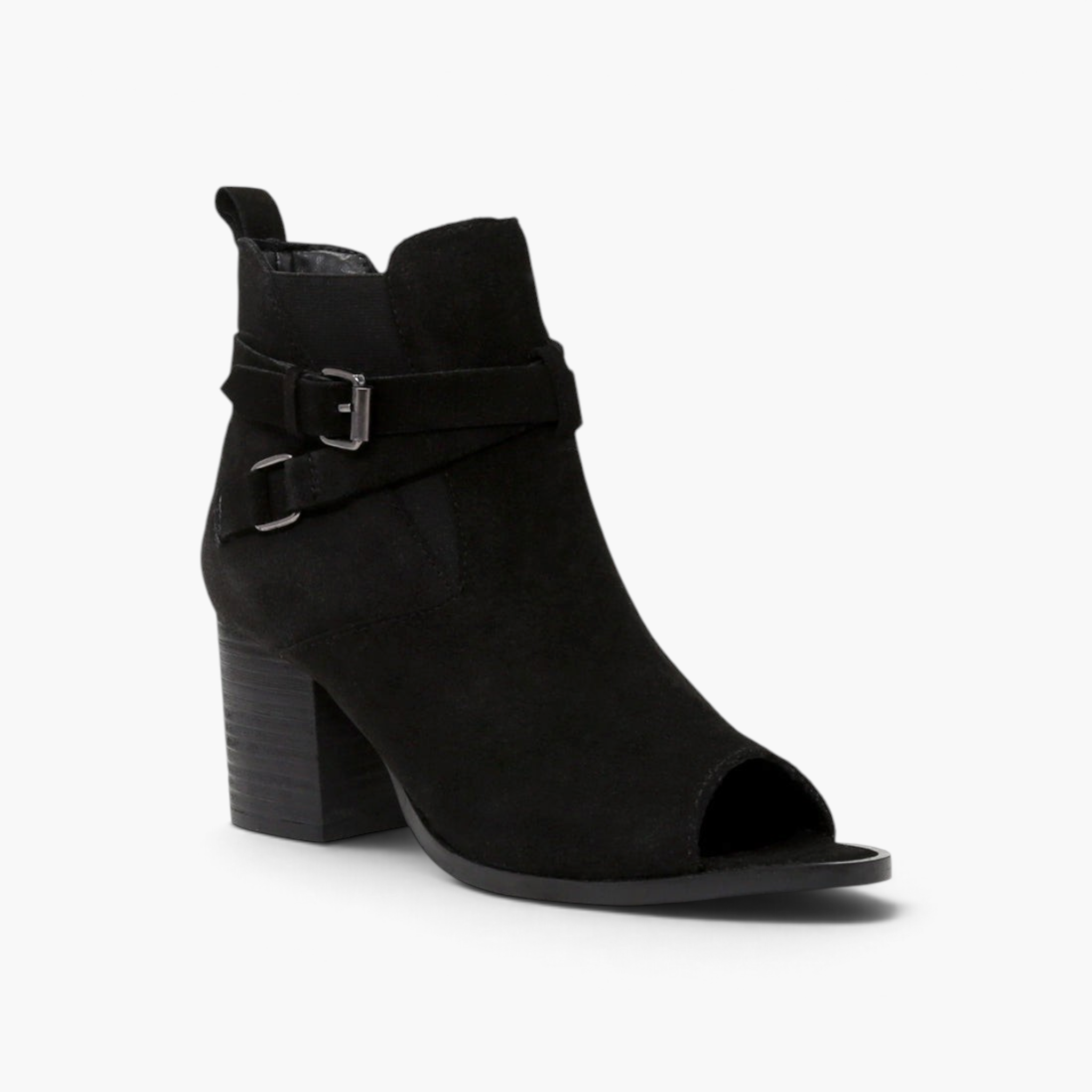 Beach Rose Co. black suede peep-toe ankle boots with buckle straps, side zipper, and a stacked block heel.