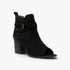 Beach Rose Co. black suede peep-toe ankle boots with buckle straps, side zipper, and a stacked block heel.