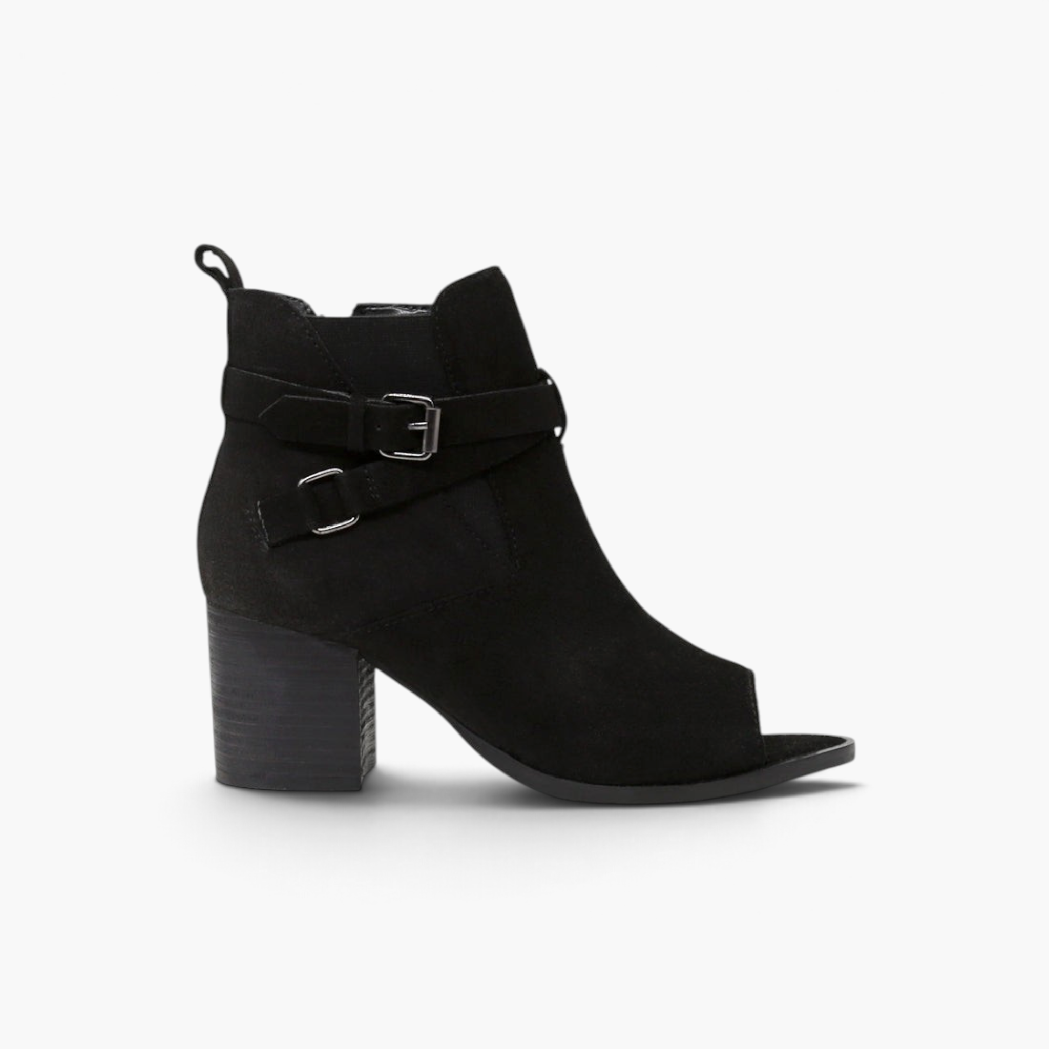 Beach Rose Co. black suede peep-toe ankle boots with buckle straps, side zipper, and a stacked block heel.
