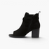 Beach Rose Co. black suede peep-toe ankle boots with buckle straps, side zipper, and stacked block heel.