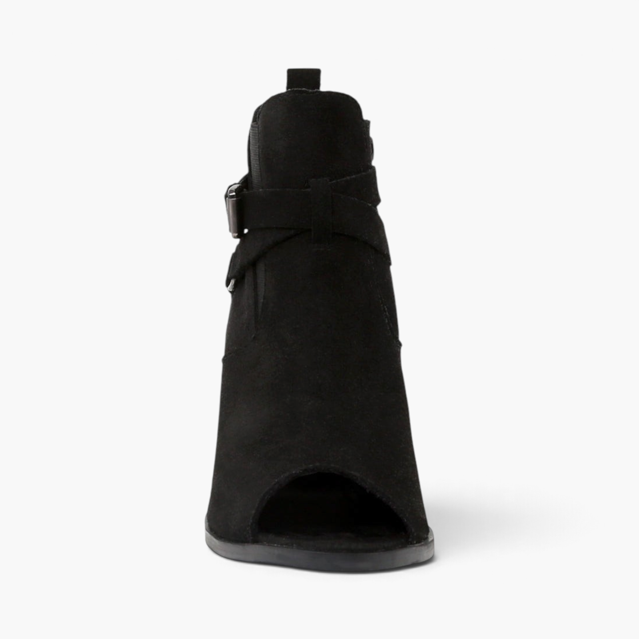 Beach Rose Co. black suede peep-toe ankle boots with buckle straps and a stacked heel, front view.