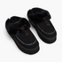 Beach Rose Co. black suede platform clogs with plush faux fur trim, moccasin stitching, and decorative tassels.