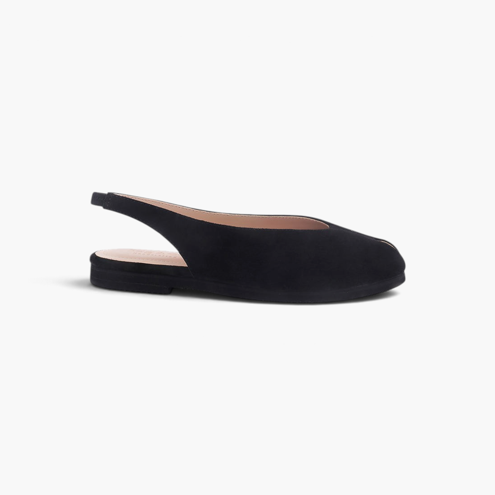 Beach Rose Co. black suede peep-toe slingback flats with a flat heel and cushioned insole