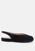 Beach Rose Co. black genuine suede slingback flats with a peep-toe design and cushioned footbed, side view.