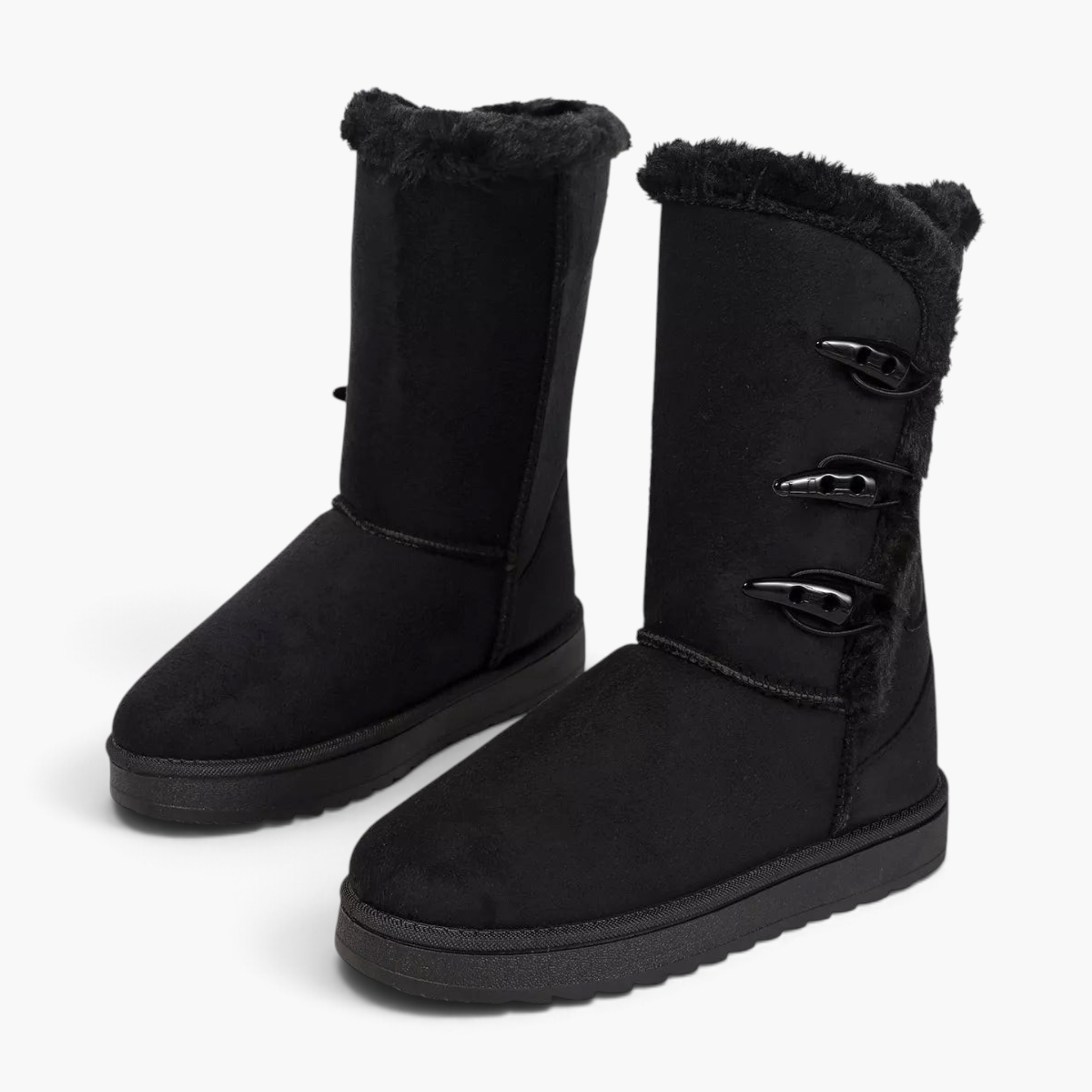 Beach Rose Co. black suede mid-calf boots with faux fur trim and three side toggle fastenings on a rubber sole.