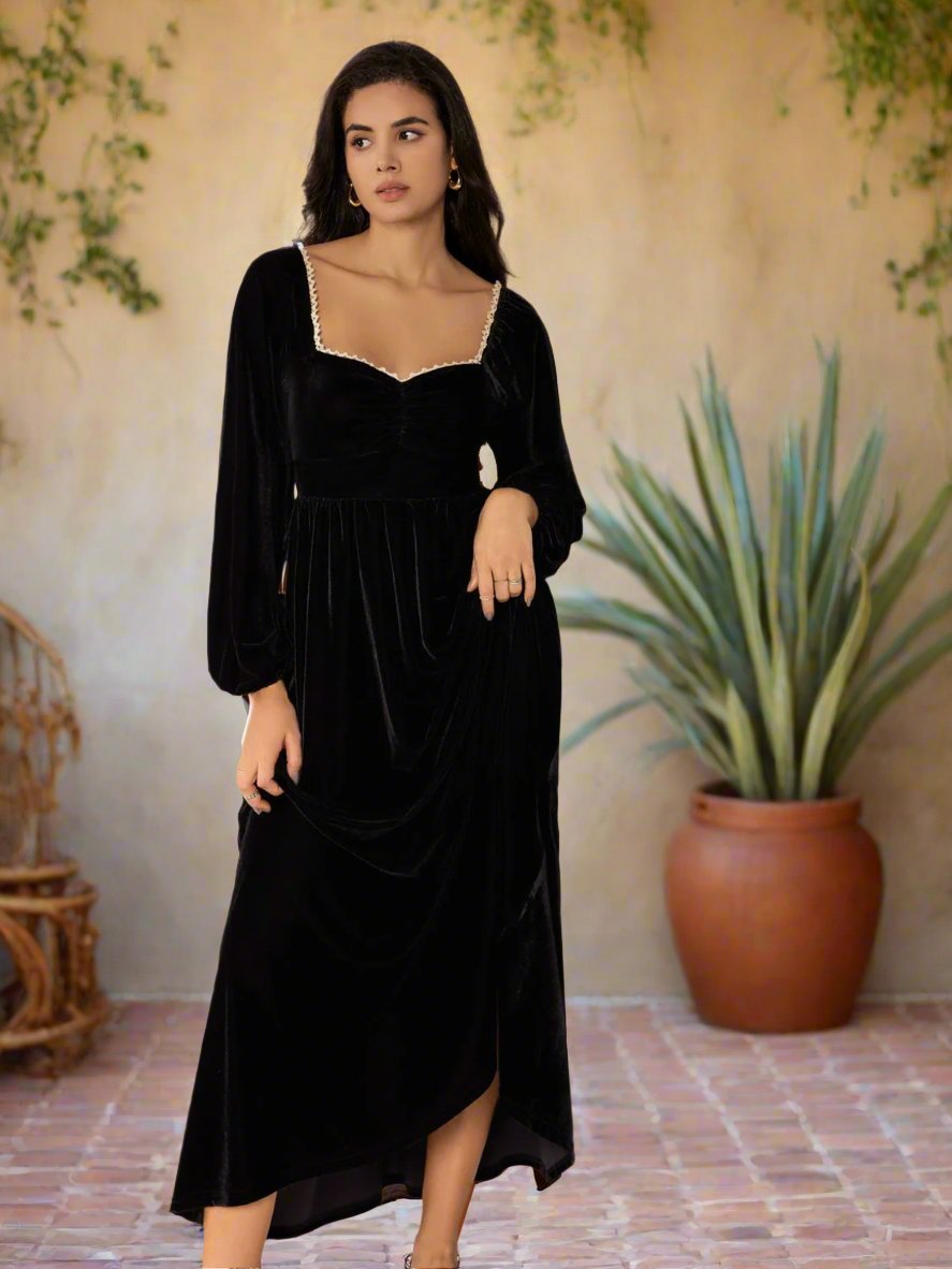 Beach Rose Co. - Black Sweetheart Neck Velvet Midi Dress