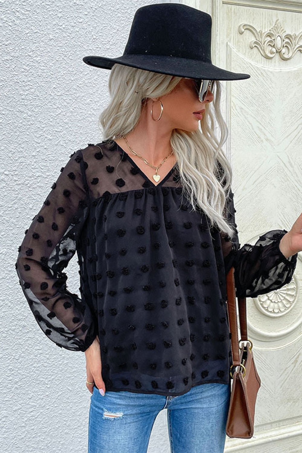 Beach Rose Co. - Black Swiss Dot V - Neck Blouse