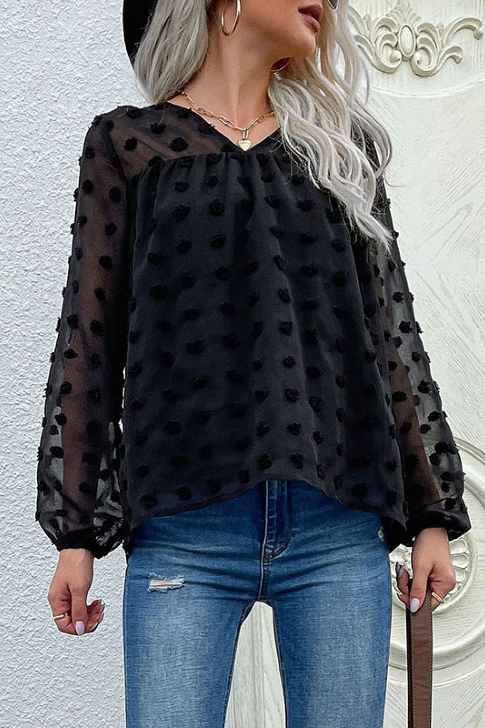 Beach Rose Co. - Black Swiss Dot V - Neck Blouse