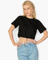 Beach Rose Co. black French Terry crop top with an adjustable toggle drawstring hem worn by a blonde model