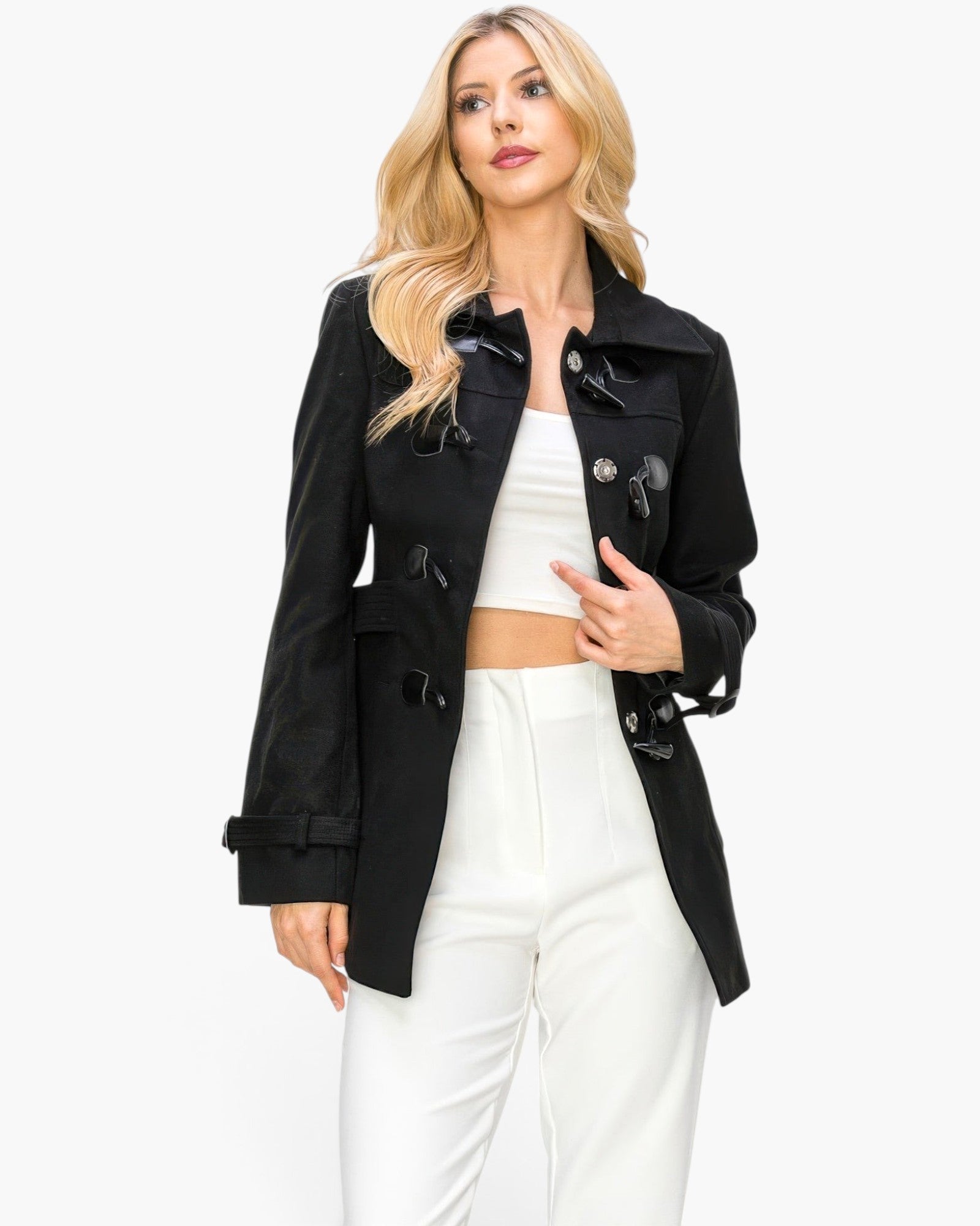 Beach Rose Co. black mid-length peacoat with toggle button closures and side pockets worn by a blonde model
