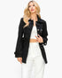 Beach Rose Co. black mid-length peacoat with toggle button closures and side pockets worn by a blonde model